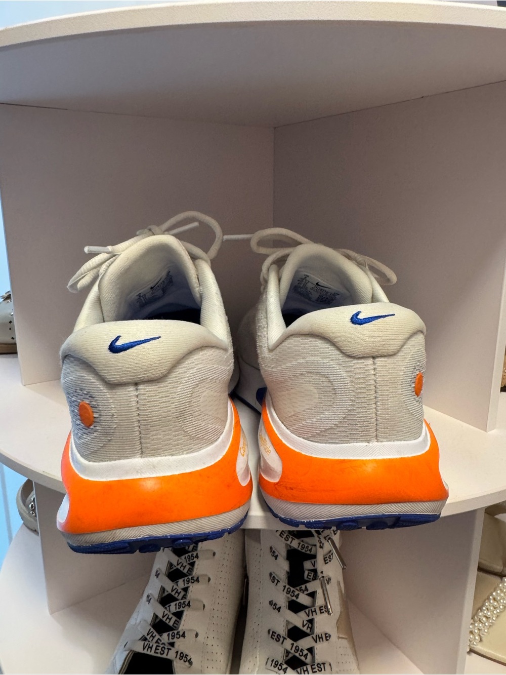 Nike White Sneakers with Blue Swoosh and Orange Heel - Picture 3 of 6